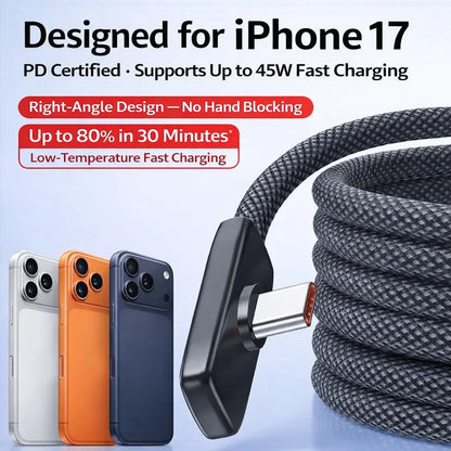 45W Right Angle USB-C to USB-C Cable, 90 Degree PD Fast Charging Braided Charger Cord for Iphone 17/16/15 Pro Max, Ipad, Macbook, Samsung and USB-C Devices, Supports up to 100W, No Hand Blocking Gaming Cable