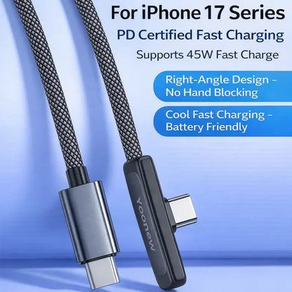 45W Right Angle USB-C to USB-C Cable, 90 Degree PD Fast Charging Braided Charger Cord for Iphone 17/16/15 Pro Max, Ipad, Macbook, Samsung and USB-C Devices, Supports up to 100W, No Hand Blocking Gaming Cable