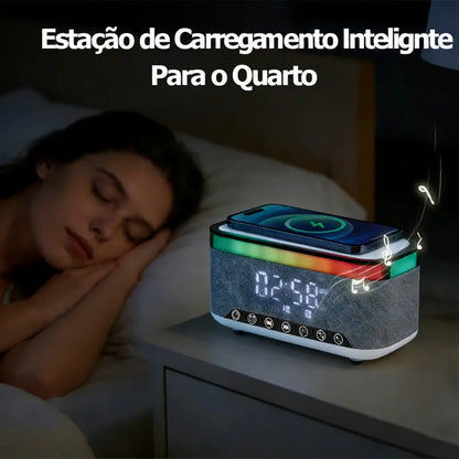 Wireless Speaker, 10W Bluetooth Speaker with 15W Wireless Charging, 13-Color Night Light, Alarm, White Noise, FM Radio, Portable, Stereo, TWS, BT5.3, for Home, Office & Bedroom (White)