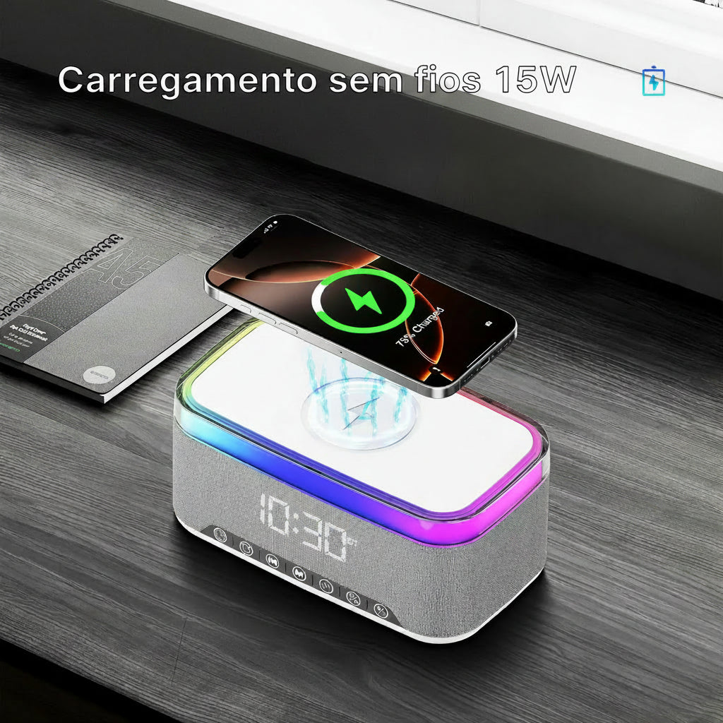 Wireless Speaker, 10W Bluetooth Speaker with 15W Wireless Charging, 13-Color Night Light, Alarm, White Noise, FM Radio, Portable, Stereo, TWS, BT5.3, for Home, Office & Bedroom (White)