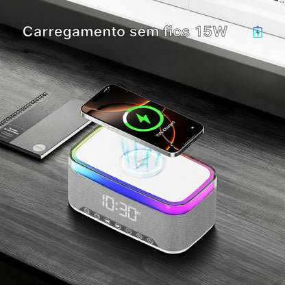 Wireless Speaker, 10W Bluetooth Speaker with 15W Wireless Charging, 13-Color Night Light, Alarm, White Noise, FM Radio, Portable, Stereo, TWS, BT5.3, for Home, Office & Bedroom (White)